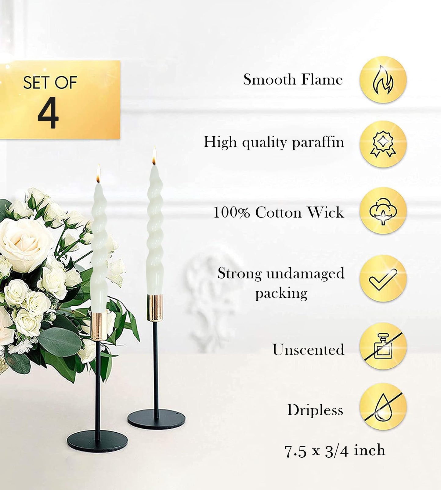 Handmade Spiral Taper Candles – 10" Unscented, Dripless (Set of 4)