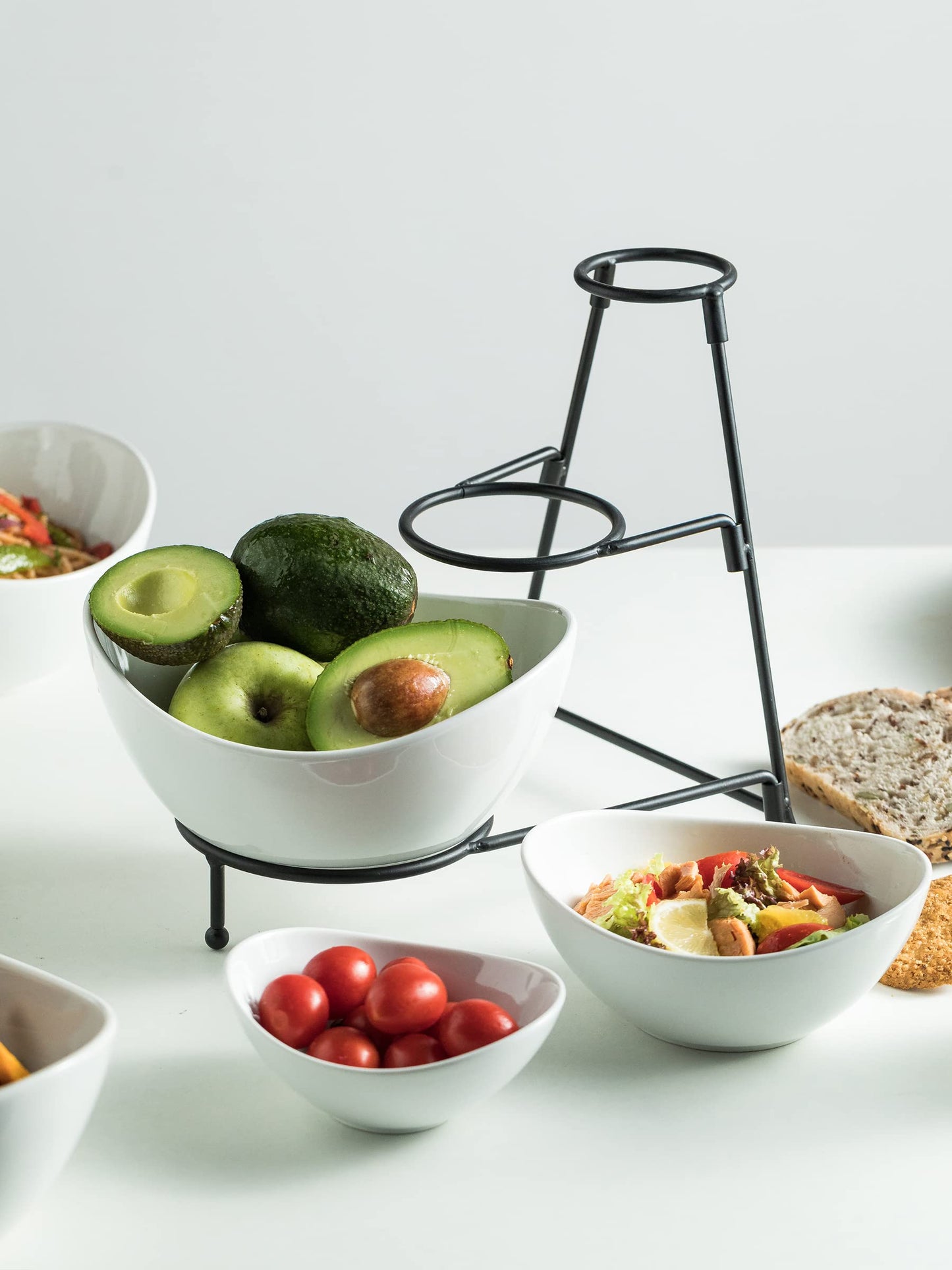 2-Tier Ceramic Chip and Dip Serving Set with Metal Stand – Divided White Glazed Bowls for Sauces, Snacks, and Appetizers