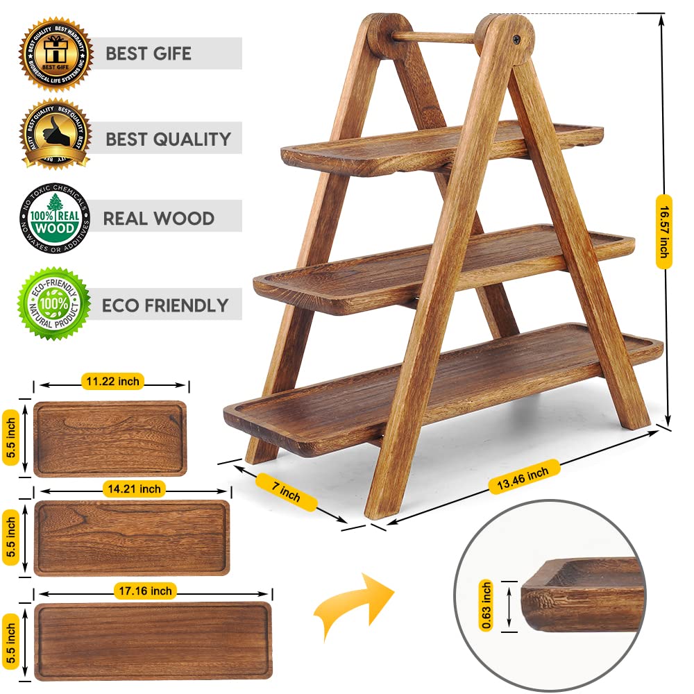 3-Tier Platane Wood Serving Tray with Collapsible Ladder Stand – Hand-Carved Rustic Dessert & Charcuterie Board Set