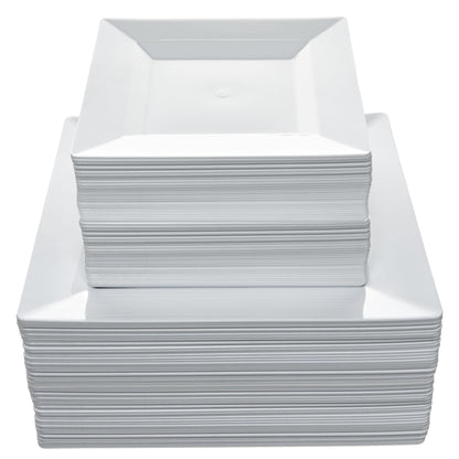 Elegant White Square Plastic Plates Set – 100-Piece Heavy Duty Disposable Dinnerware for 50 Guests (9.5” Dinner + 6.5” Appetizer Plates)