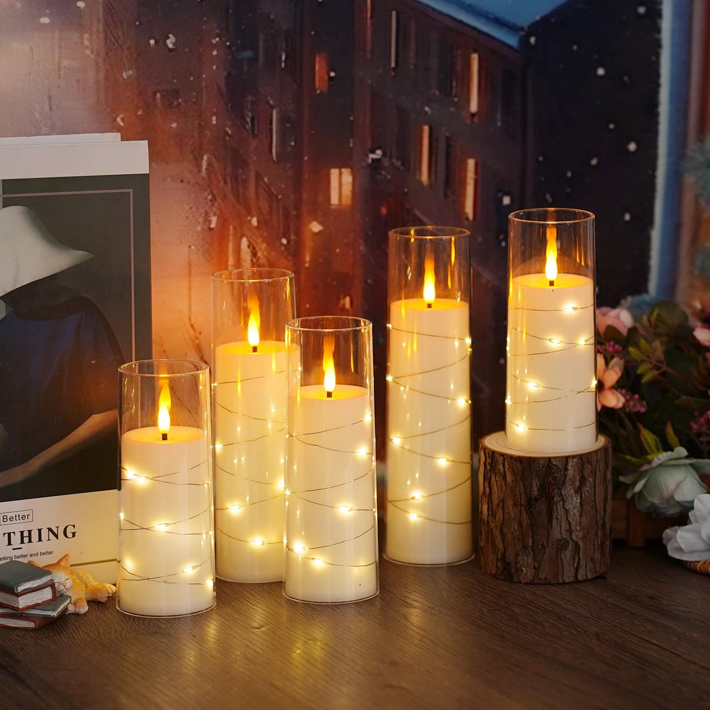 Flameless Mood Lighting Candle Set with Embedded String Lights