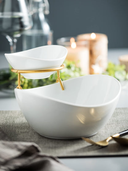 2-Tier Ceramic Chip and Dip Serving Set with Metal Stand – Divided White Glazed Bowls for Sauces, Snacks, and Appetizers