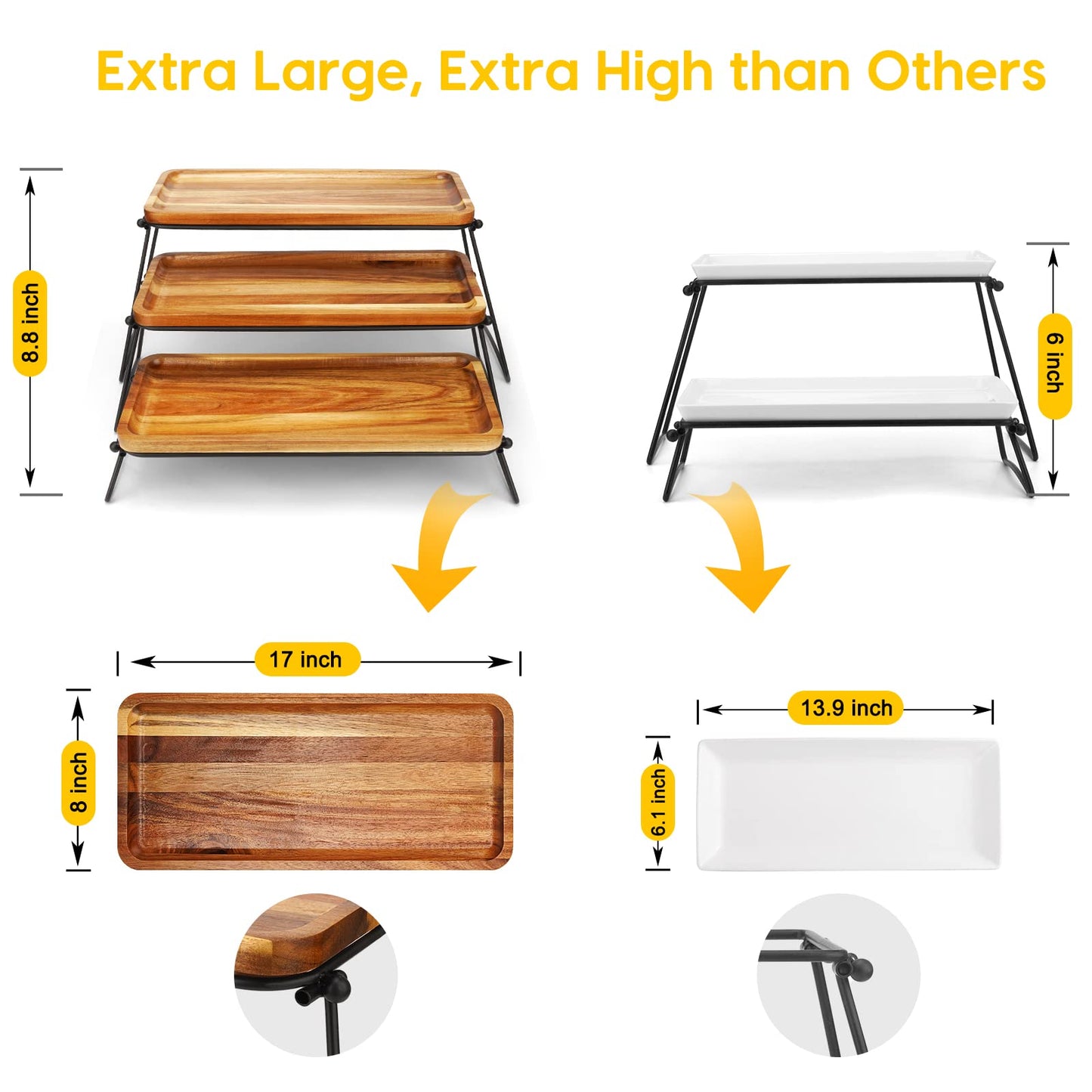 Acacia Wood Serving Tray – Handcrafted Charcuterie & Dessert Stand with Collapsible Rack | Rustic Wood Display for Parties, Events
