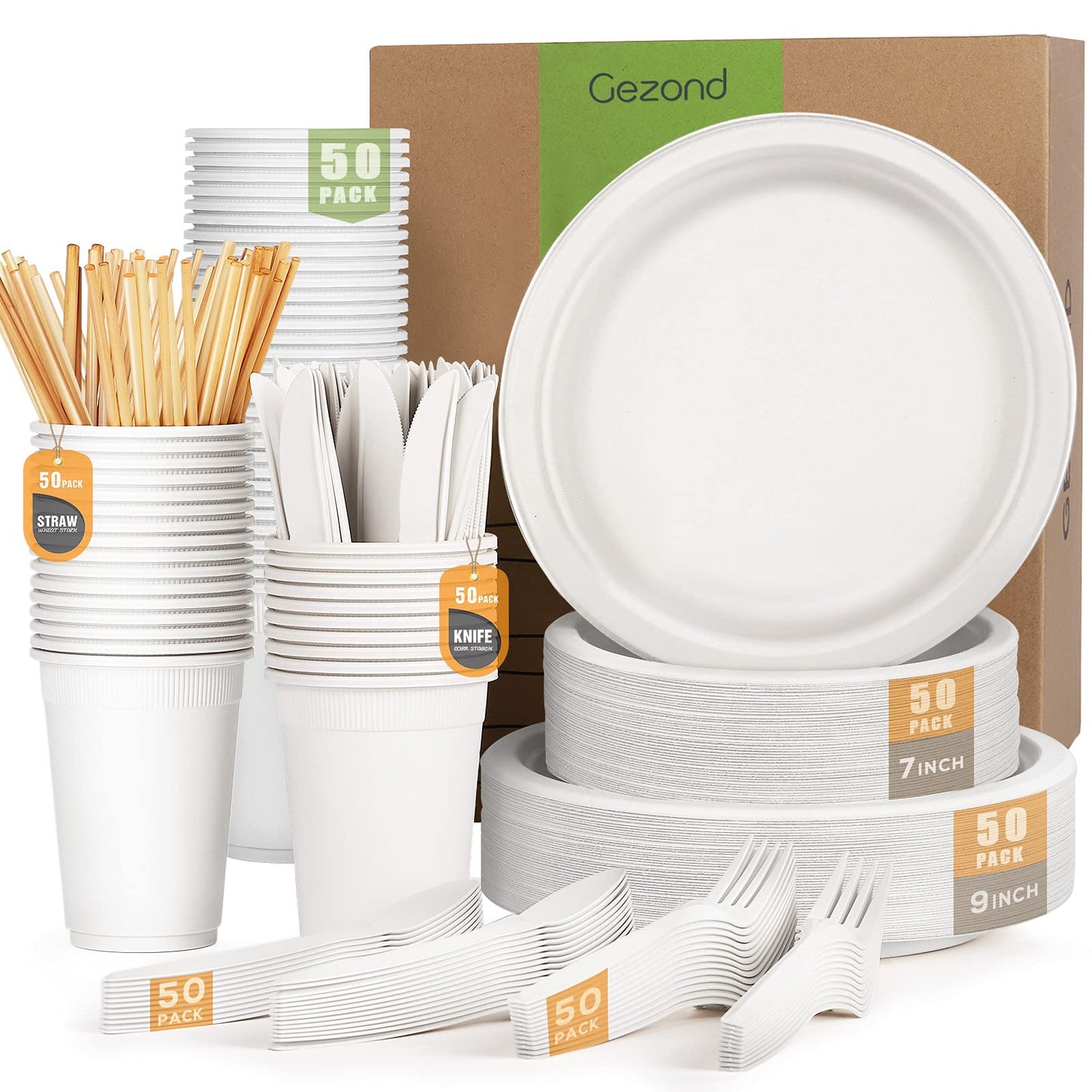 Compostable Dinnerware Set – Eco-Friendly Plates, Cutlery, Cups & More for 50 Guests -400-Pack