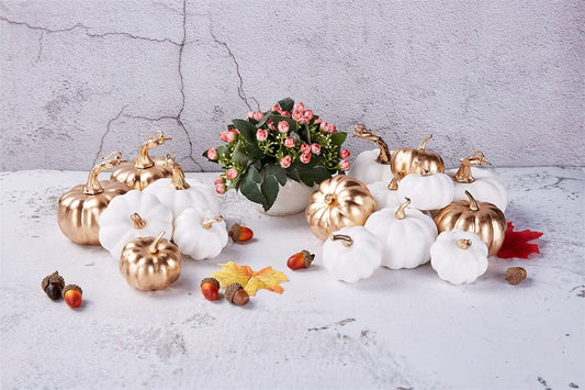 White & Gold Artificial Harvest Pumpkins – 16-Piece Fall Décor Set