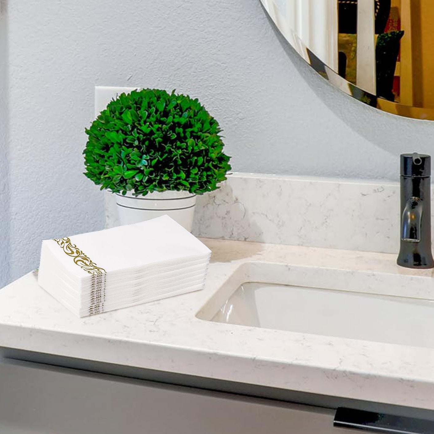 Bathroom vanity with sink, mirror, and decorative elements with 