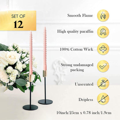 Handmade Spiral Taper Candles – 10" Unscented, Dripless (Set of 4)