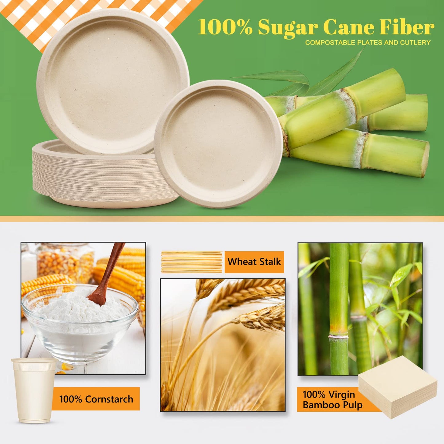 Compostable Dinnerware Set – Eco-Friendly Plates, Cutlery, Cups & More for 50 Guests -400-Pack