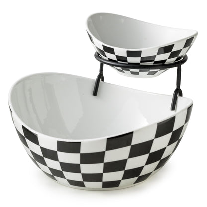 2-Tier Ceramic Chip and Dip Serving Set with Metal Stand – Divided White Glazed Bowls for Sauces, Snacks, and Appetizers