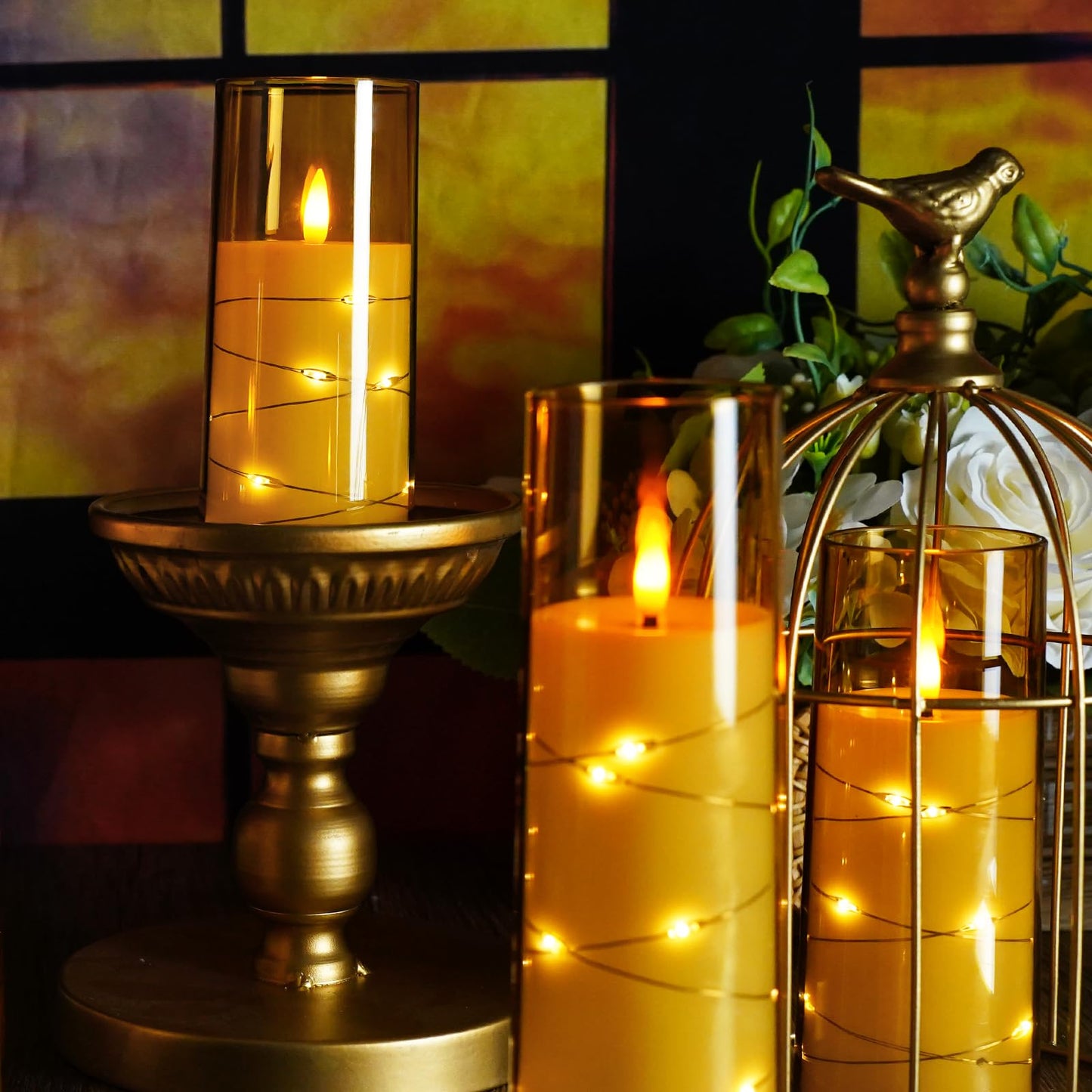 Flameless Mood Lighting Candle Set with Embedded String Lights