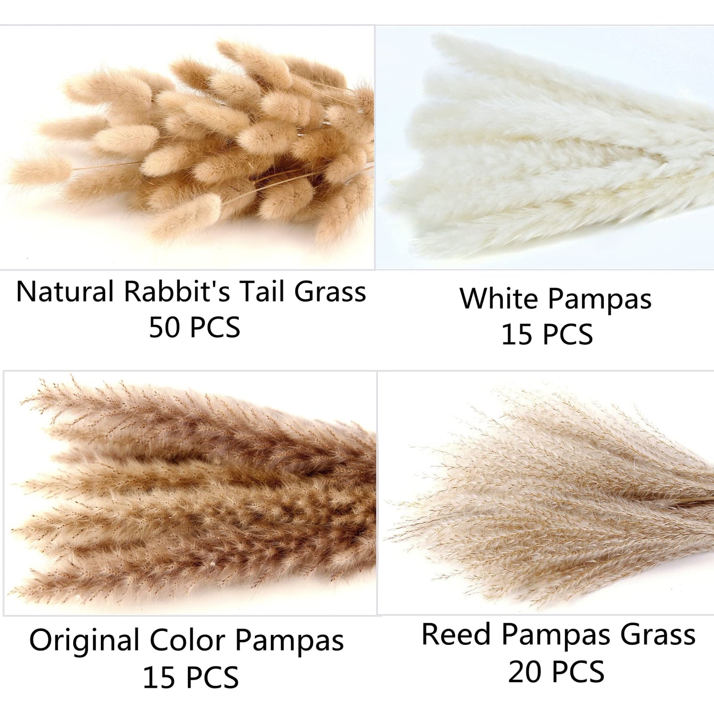 Natural Dried Pampas Grass Bouquet – Mixed Fluffy Pompous Grass for Vase, Boho Decor, Weddings, Gifts & Home Arrangements 100PCS