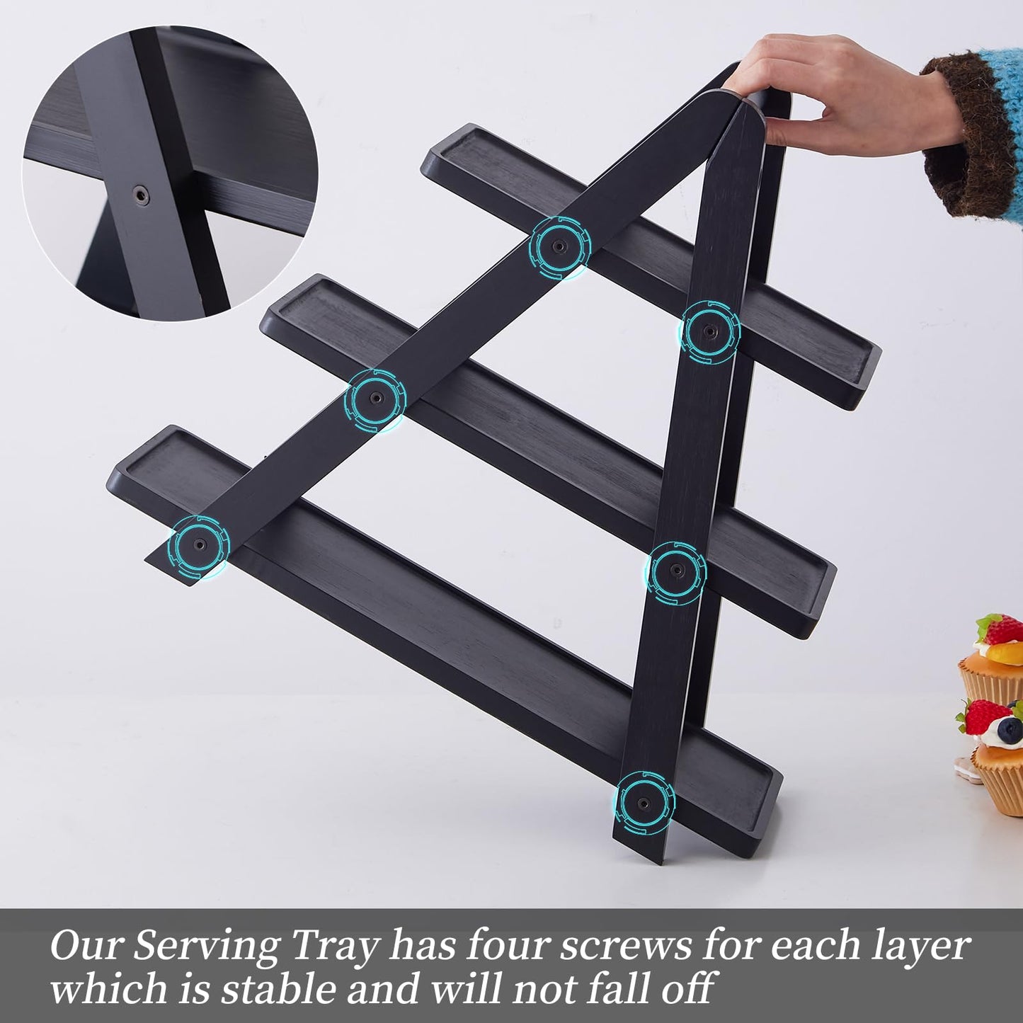3-Tier Bamboo Cupcake Stand with– Reinforced Dessert Display Tray for Parties, Events, and Home Use