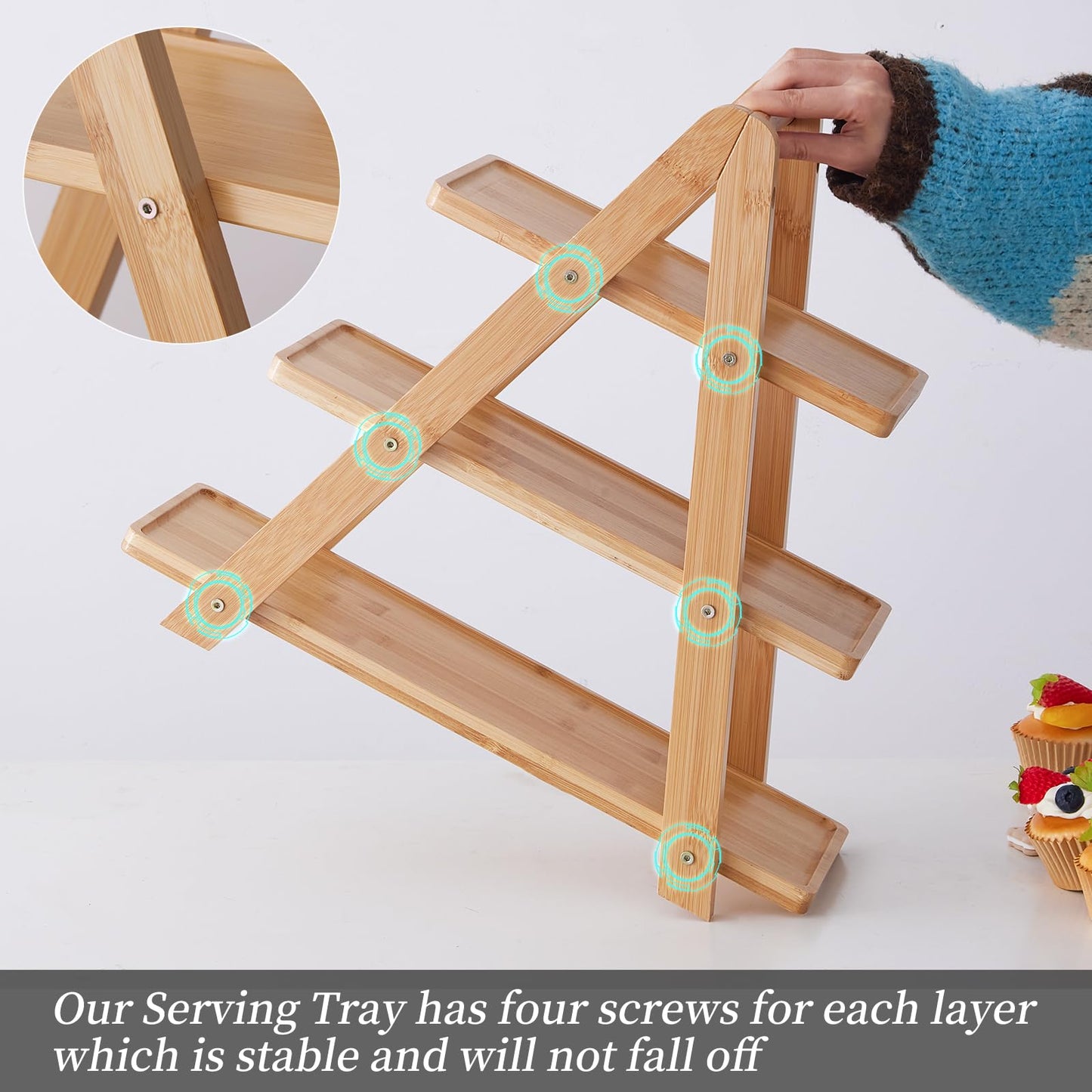 3-Tier Bamboo Cupcake Stand with– Reinforced Dessert Display Tray for Parties, Events, and Home Use