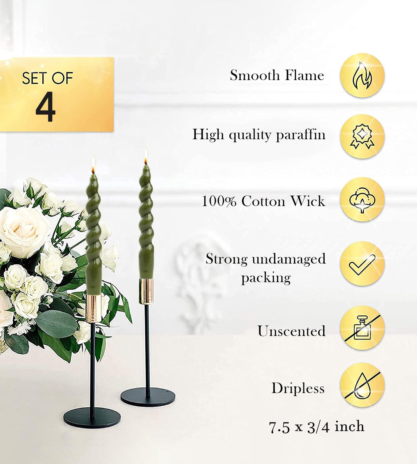 Handmade Spiral Taper Candles – 10" Unscented, Dripless (Set of 4)