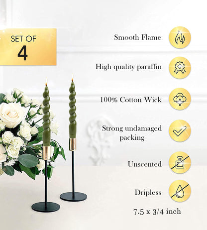 Handmade Spiral Taper Candles – 10" Unscented, Dripless (Set of 4)