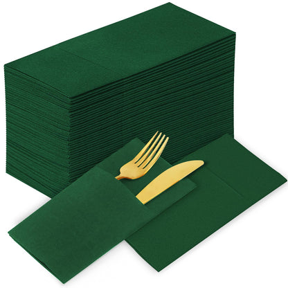 Solid Color Pocket Napkins – 50-Pack Linen-Like Paper Napkins with Silverware Pocket | Soft, Absorbent & Elegant for Dining, Weddings, and Events - Matcha Green