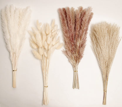 Natural Dried Pampas Grass Bouquet – Mixed Fluffy Pompous Grass for Vase, Boho Decor, Weddings, Gifts & Home Arrangements 100PCS