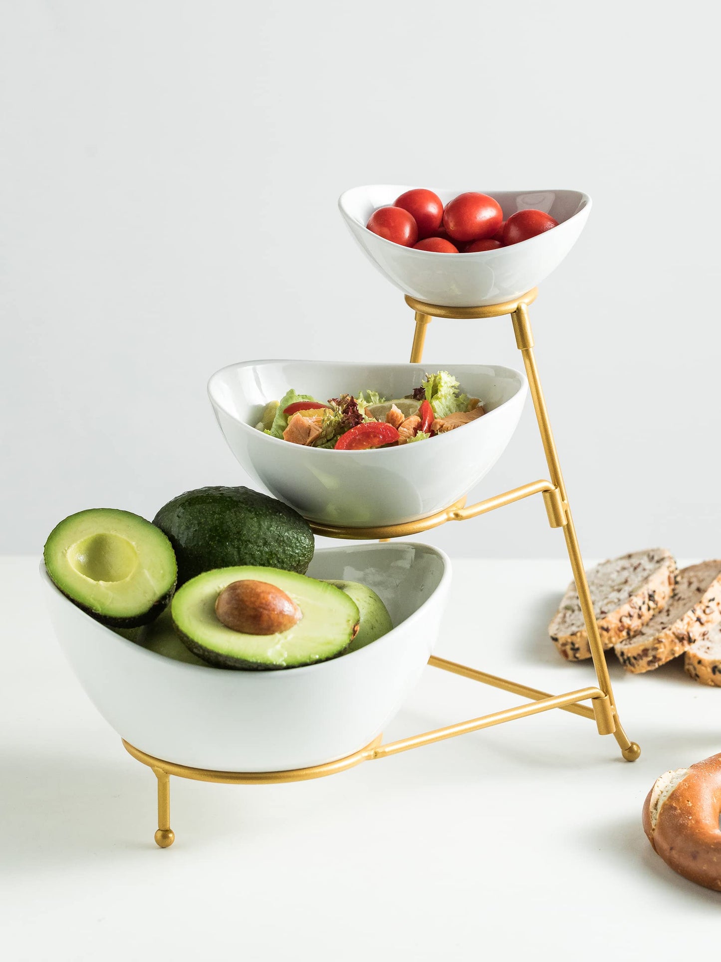 2-Tier Ceramic Chip and Dip Serving Set with Metal Stand – Divided White Glazed Bowls for Sauces, Snacks, and Appetizers