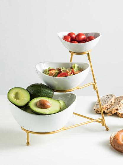 2-Tier Ceramic Chip and Dip Serving Set with Metal Stand – Divided White Glazed Bowls for Sauces, Snacks, and Appetizers