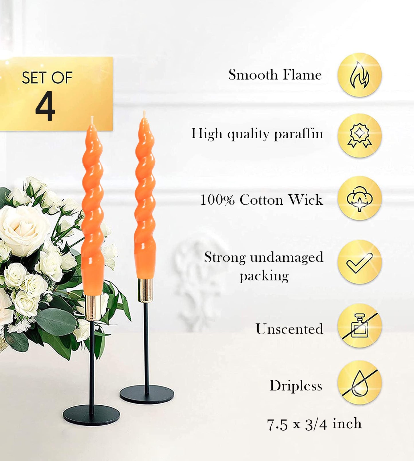Handmade Spiral Taper Candles – 10" Unscented, Dripless (Set of 4)