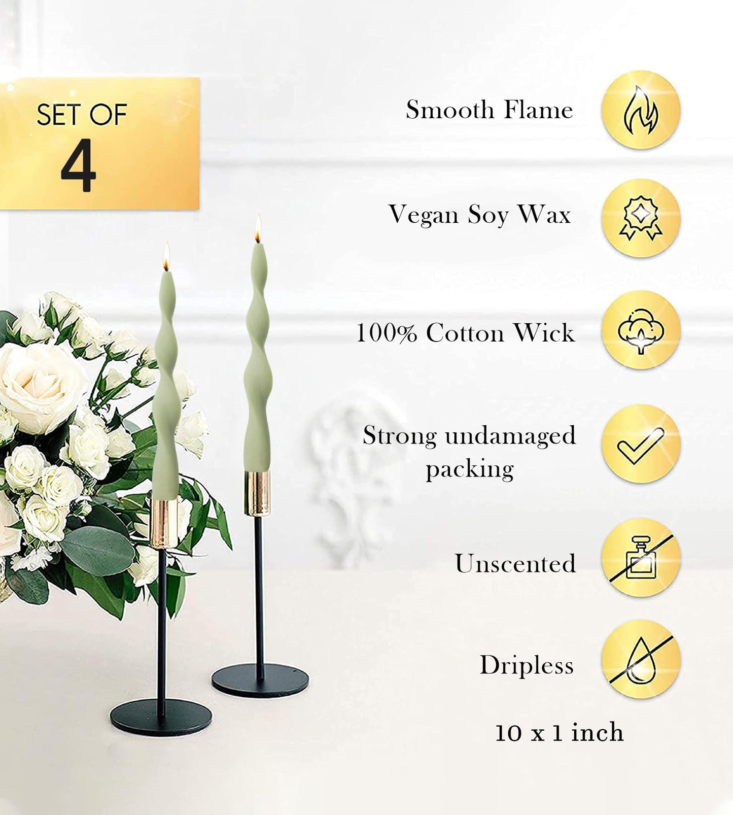 Handmade Spiral Taper Candles – 10" Unscented, Dripless (Set of 4)