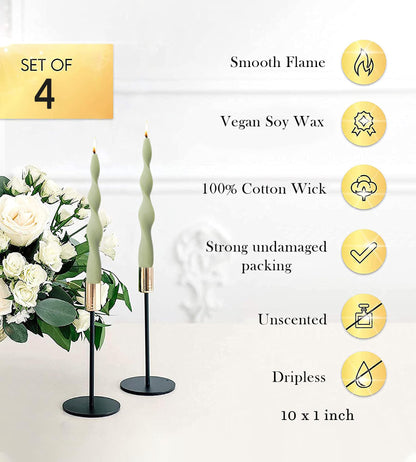 Handmade Spiral Taper Candles – 10" Unscented, Dripless (Set of 4)