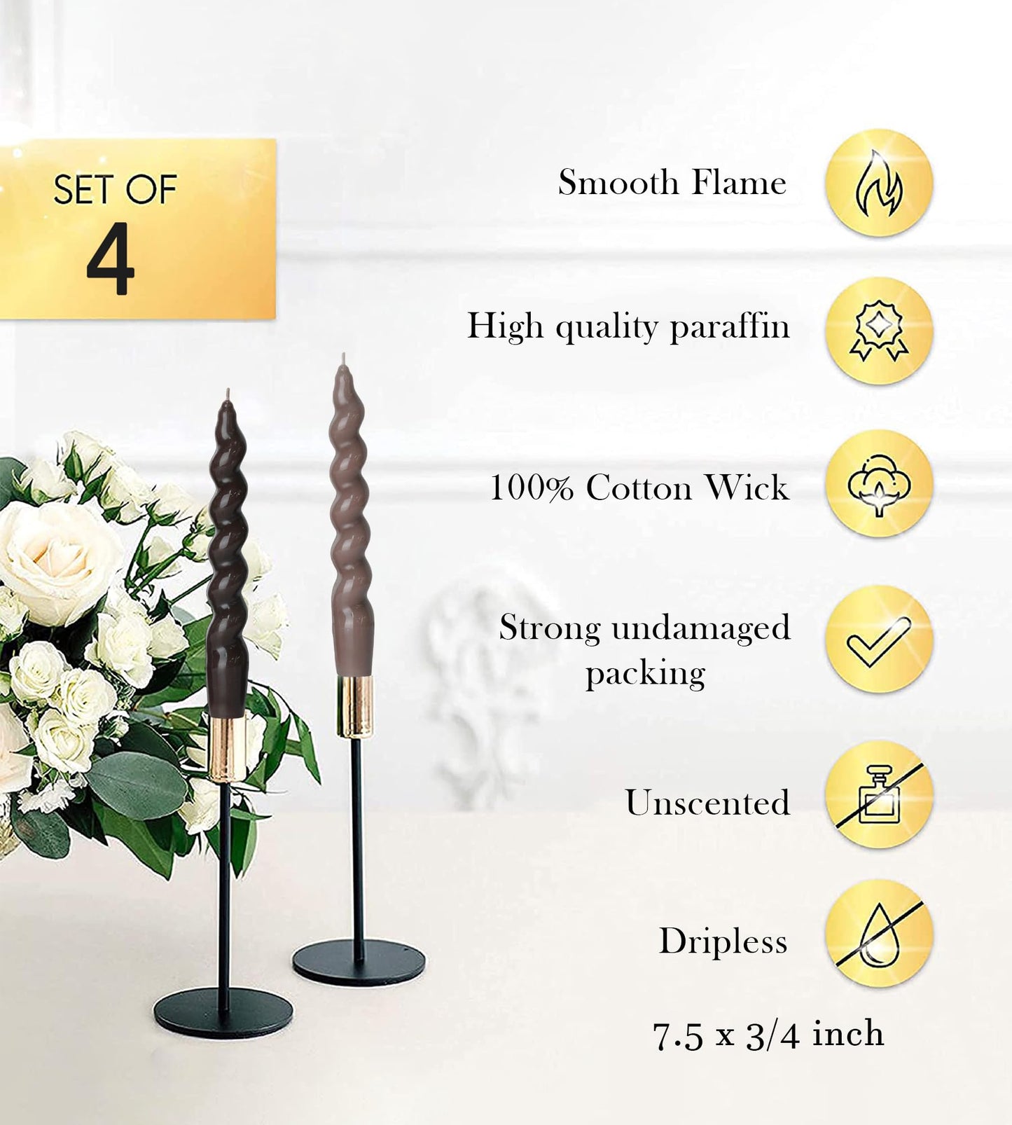 Handmade Spiral Taper Candles – 10" Unscented, Dripless (Set of 4)