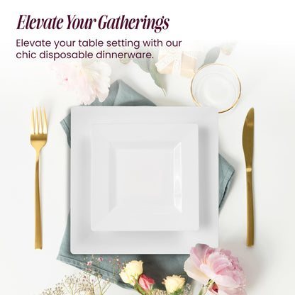 Elegant White Square Plastic Plates Set – 100-Piece Heavy Duty Disposable Dinnerware for 50 Guests (9.5” Dinner + 6.5” Appetizer Plates)