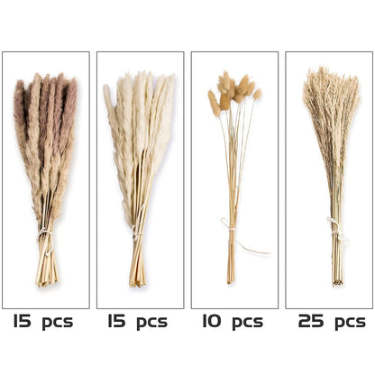 Natural Dried Pampas Grass Bouquet – Mixed Fluffy Pompous Grass for Vase, Boho Decor, Weddings, Gifts & Home Arrangements 100PCS