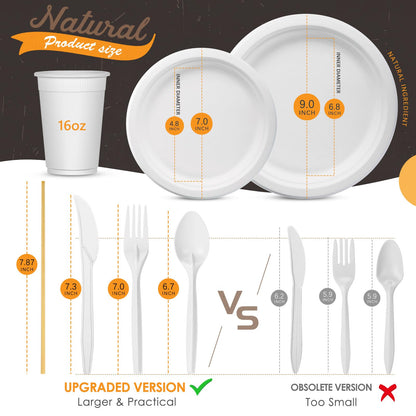 Compostable Dinnerware Set – Eco-Friendly Plates, Cutlery, Cups & More for 50 Guests -400-Pack