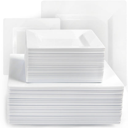 Elegant White Square Plastic Plates Set – 100-Piece Heavy Duty Disposable Dinnerware for 50 Guests (9.5” Dinner + 6.5” Appetizer Plates)