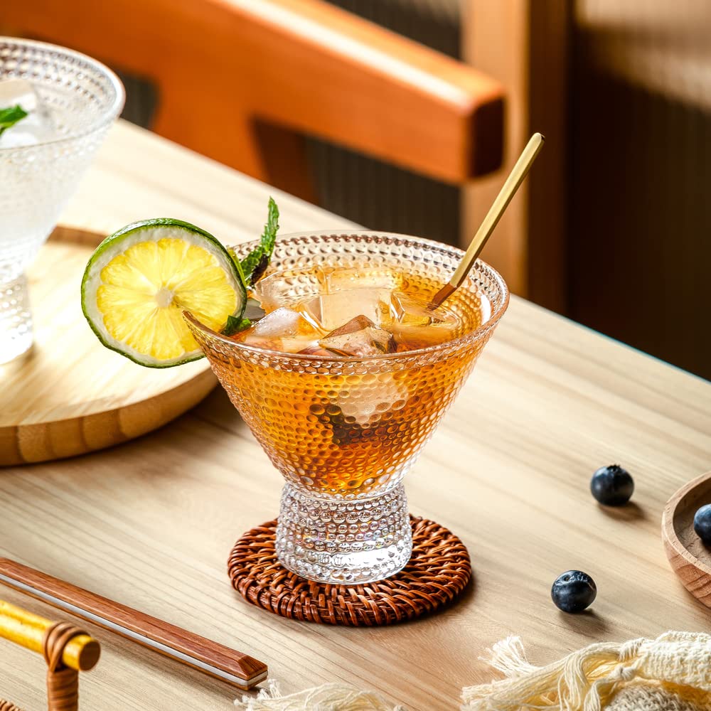 Vintage Embossed Stemless Martini Glass Set – Lead-Free Crystal Cocktail Glasses for Martinis, Whiskey, and More