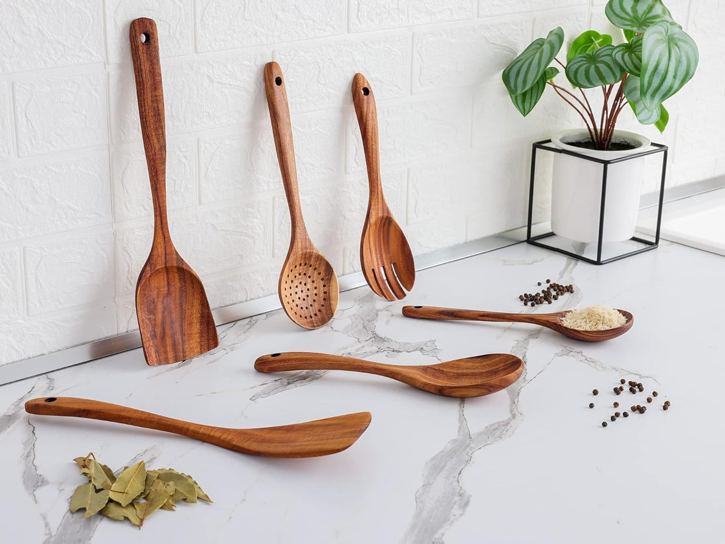 Teak Wood Cooking Utensil Set – 6-Piece Wooden Kitchen Tools | Non-Scratch, Heat-Resistant, Durable Cookware Set