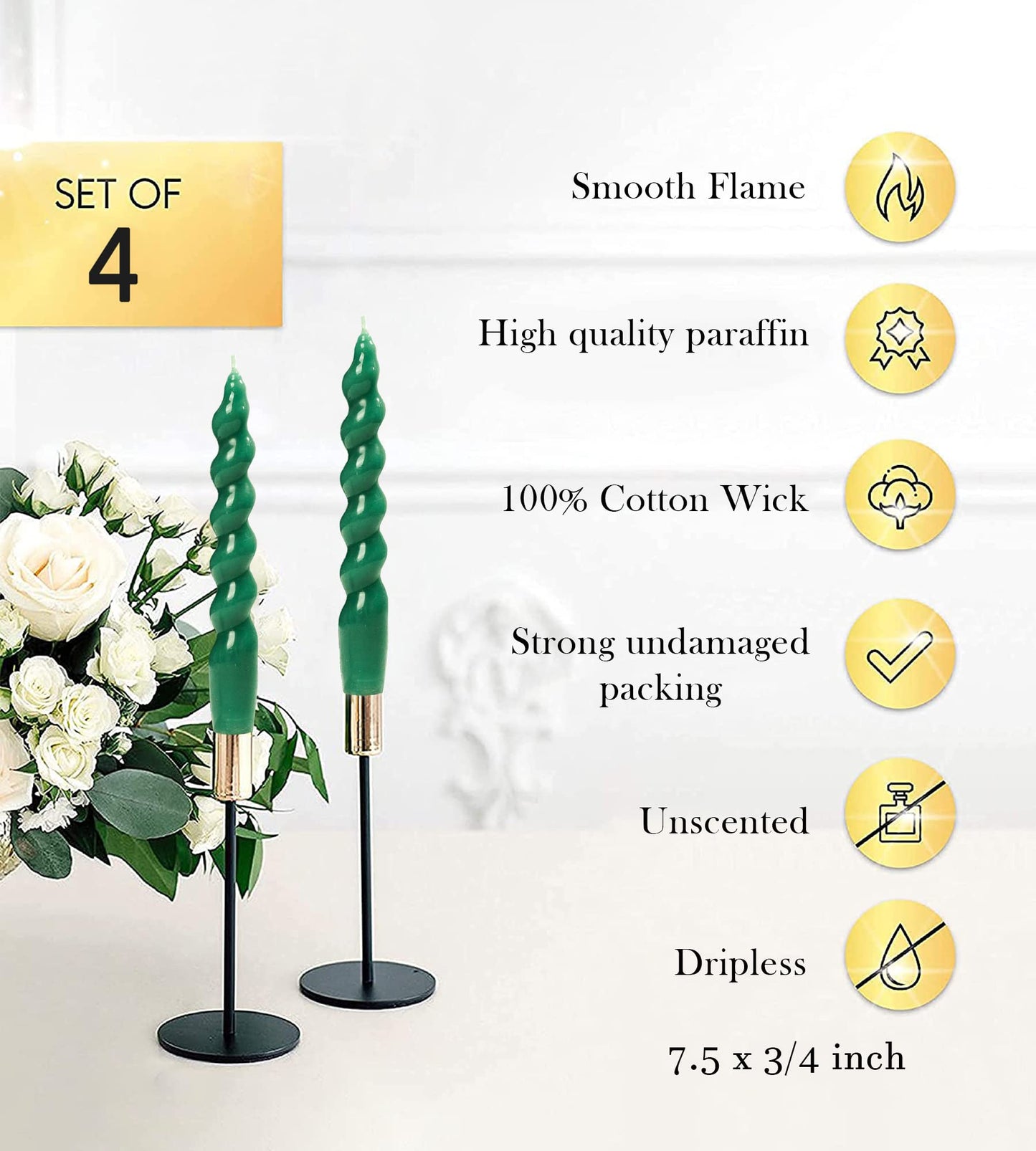 Handmade Spiral Taper Candles – 10" Unscented, Dripless (Set of 4)