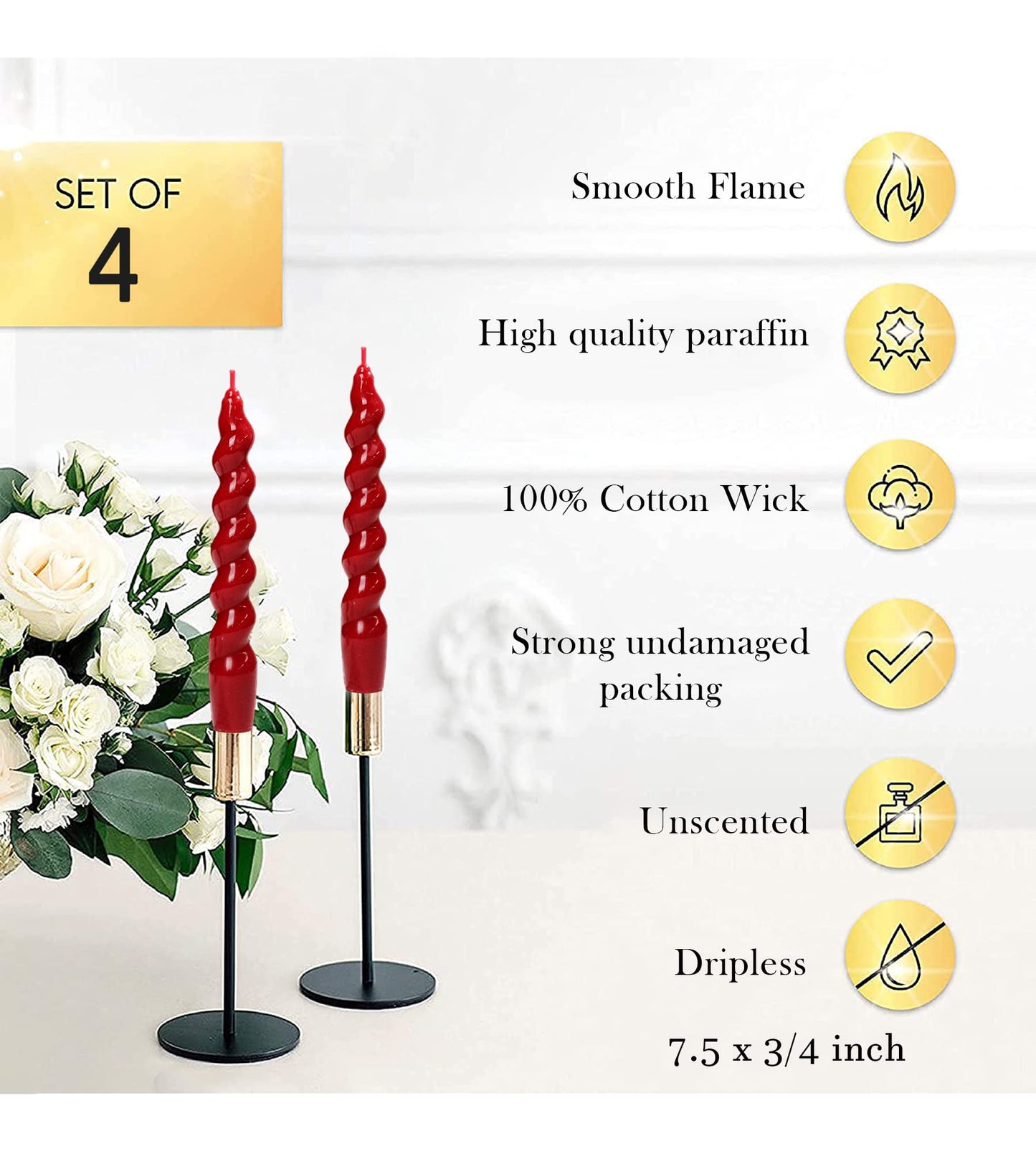 Handmade Spiral Taper Candles – 10" Unscented, Dripless (Set of 4)
