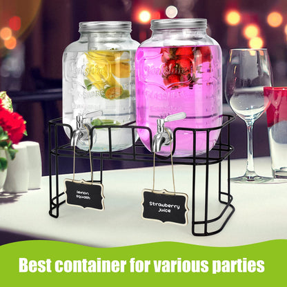 2-Gallon Glass Drink Dispenser Set with Stainless Steel Spigots & Chalkboard Tags – Dual Beverage Dispensers with Metal Stand