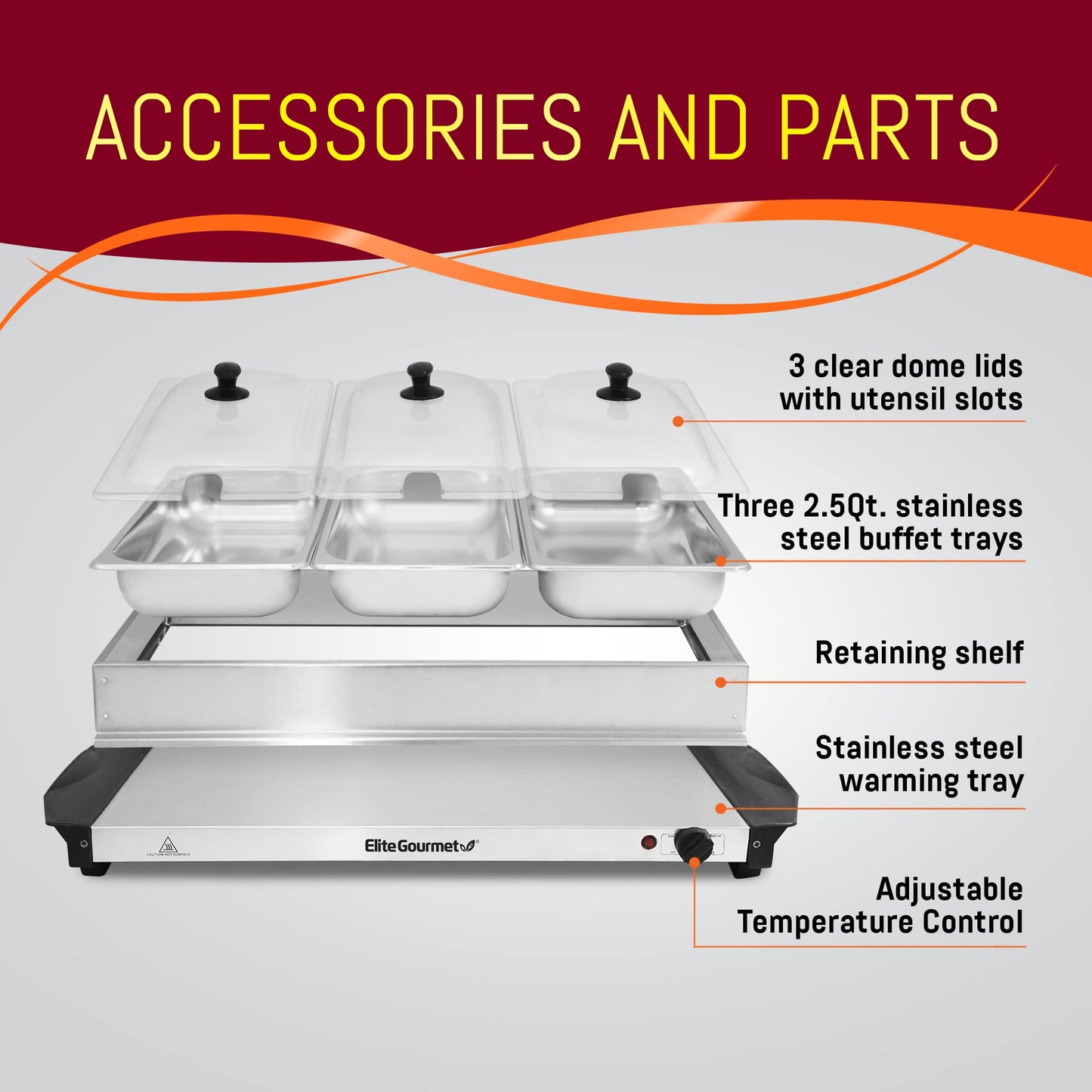 Electric Buffet Food Warmer with 3 Stainless Steel Trays & Dome Lids - Portable Warming Tray for Parties & Events
