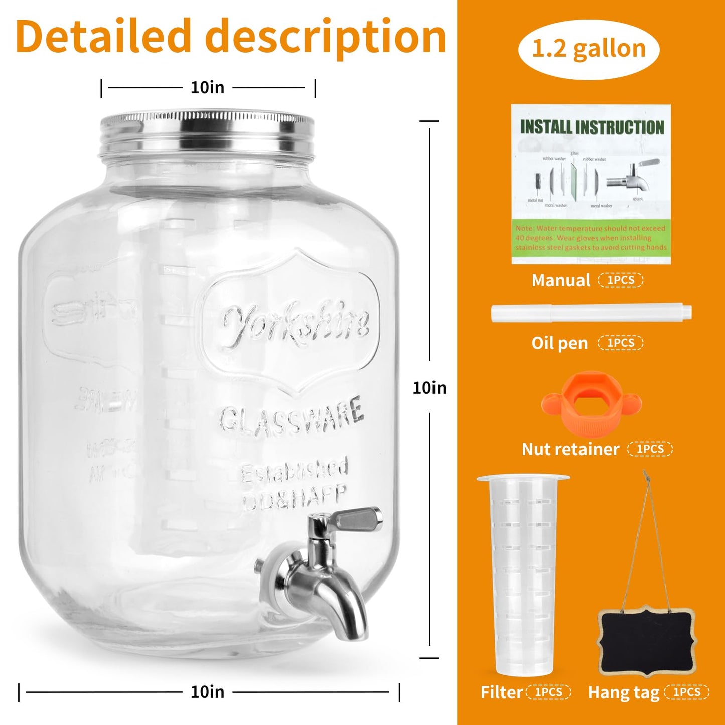 2-Gallon Glass Drink Dispenser Set with Stainless Steel Spigots & Chalkboard Tags – Dual Beverage Dispensers with Metal Stand