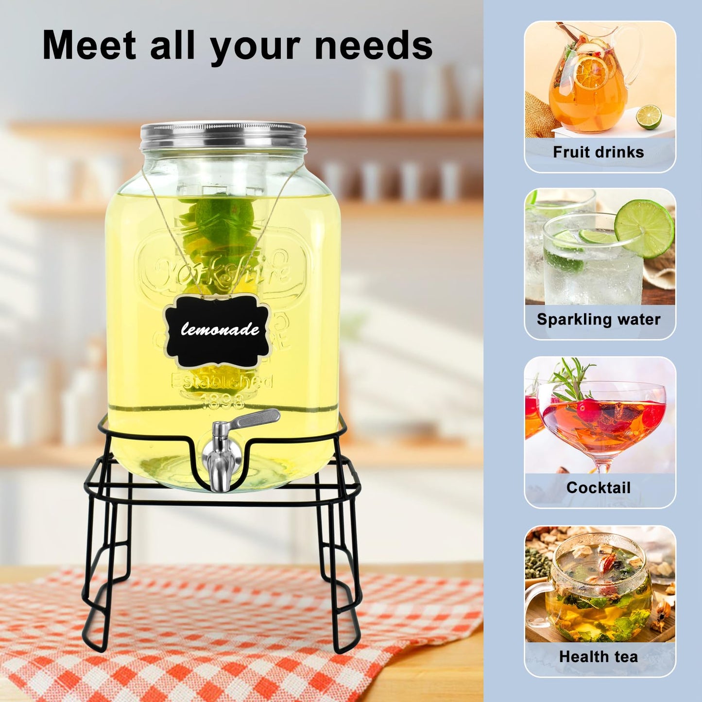 2-Gallon Glass Drink Dispenser Set with Stainless Steel Spigots & Chalkboard Tags – Dual Beverage Dispensers with Metal Stand