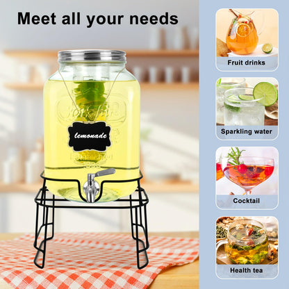 2-Gallon Glass Drink Dispenser Set with Stainless Steel Spigots & Chalkboard Tags – Dual Beverage Dispensers with Metal Stand