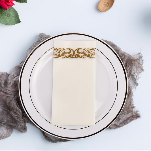 Decorative plate with a napkin featuring gold patterns on a white surface, with 'Jolly Chef' branding at the bottom.
