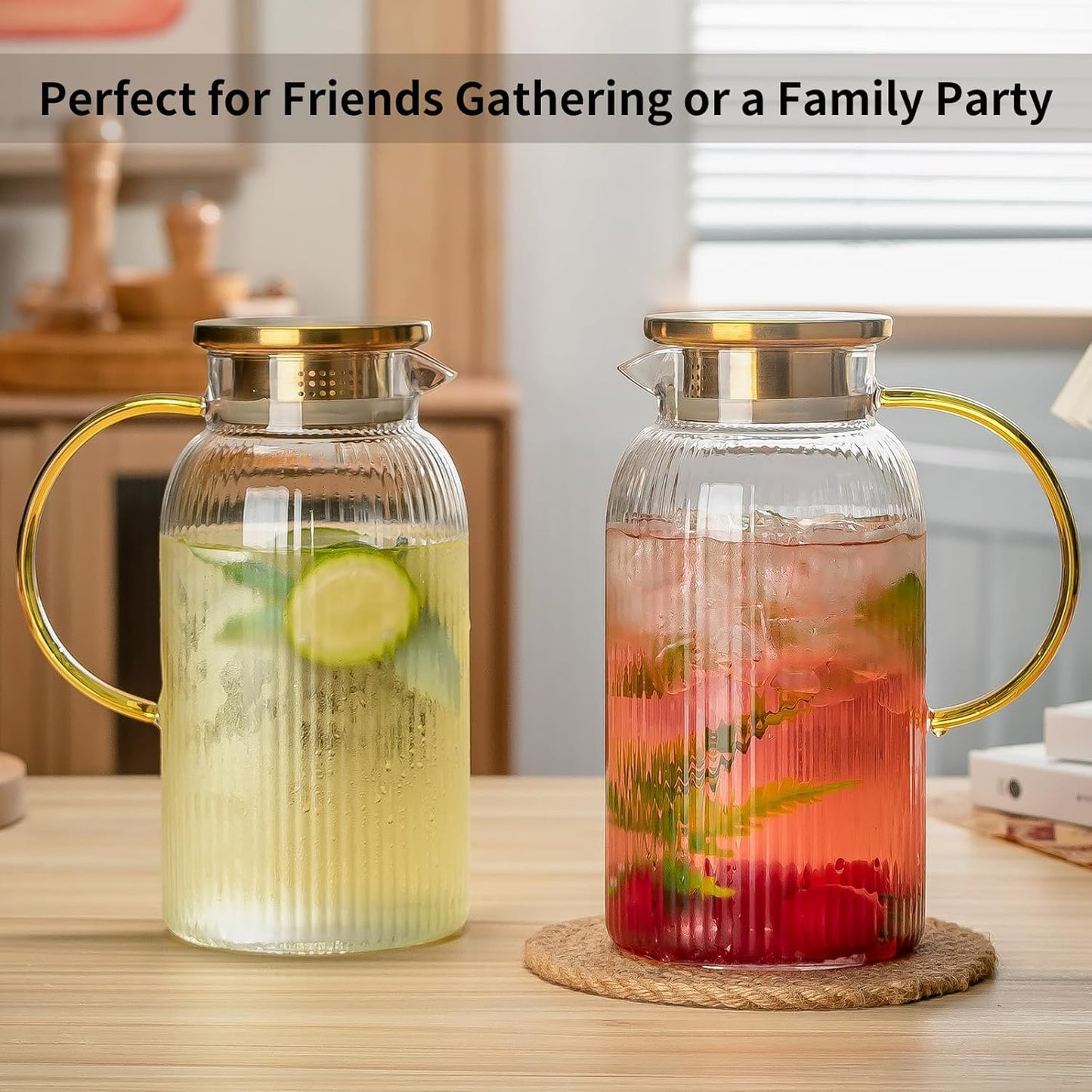Glass Water Pitcher – 68oz Borosilicate Carafe with Stainless Steel Lid - Heat-Resistant
