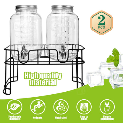 2-Gallon Glass Drink Dispenser Set with Stainless Steel Spigots & Chalkboard Tags – Dual Beverage Dispensers with Metal Stand