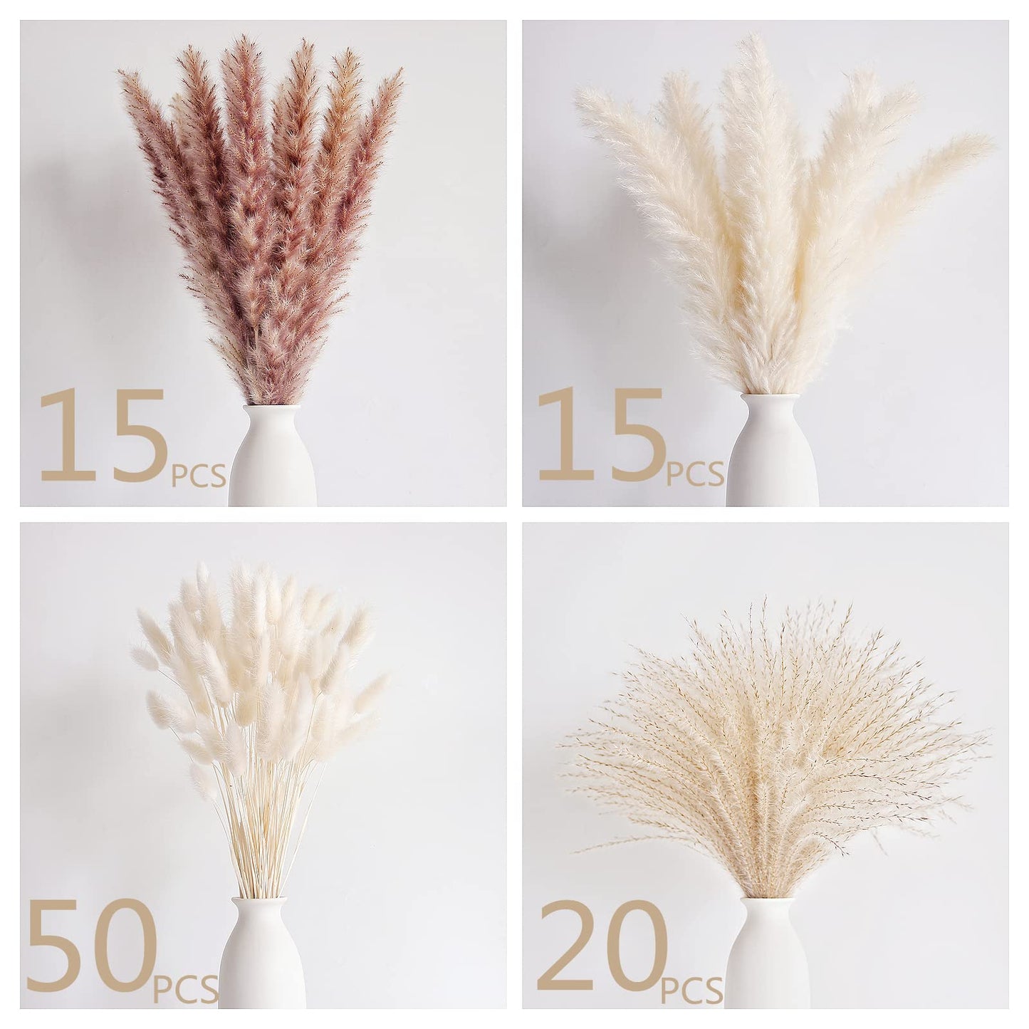 Natural Dried Pampas Grass Bouquet – Mixed Fluffy Pompous Grass for Vase, Boho Decor, Weddings, Gifts & Home Arrangements 100PCS