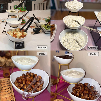 2-Tier Ceramic Chip and Dip Serving Set with Metal Stand – Divided White Glazed Bowls for Sauces, Snacks, and Appetizers