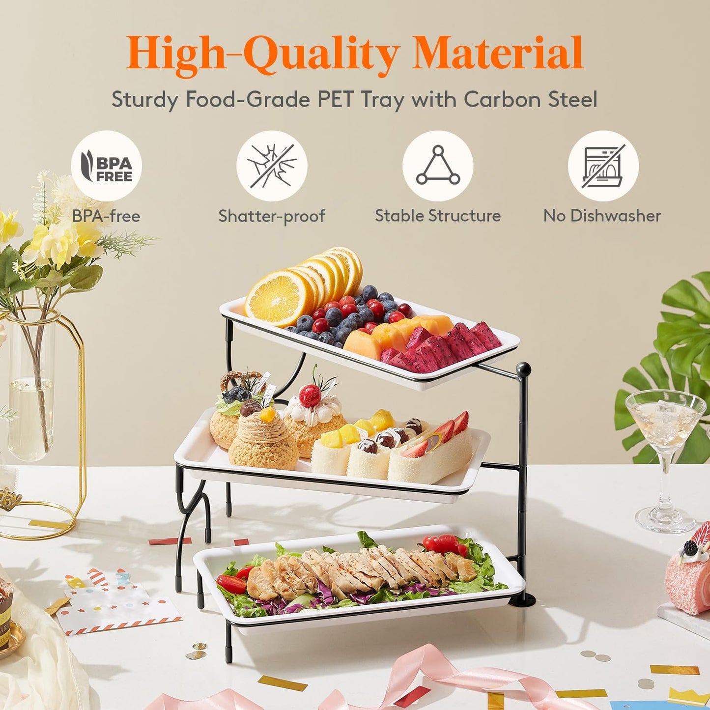 Clear Plastic Serving Tray – BPA-Free Shatterproof PET Dessert Stand for Parties, Weddings & Events | Space-Saving Display with Non-Slip Base