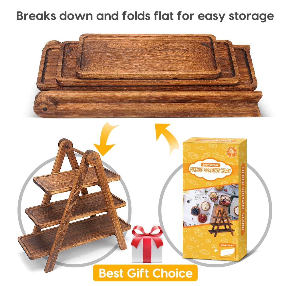 3-Tier Platane Wood Serving Tray with Collapsible Ladder Stand – Hand-Carved Rustic Dessert & Charcuterie Board Set