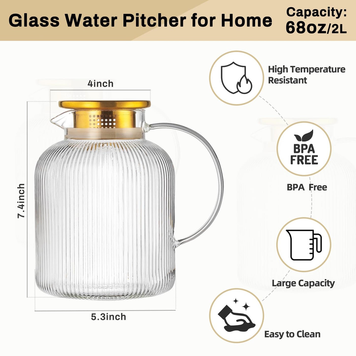 Glass Water Pitcher – 68oz Borosilicate Carafe with Stainless Steel Lid - Heat-Resistant
