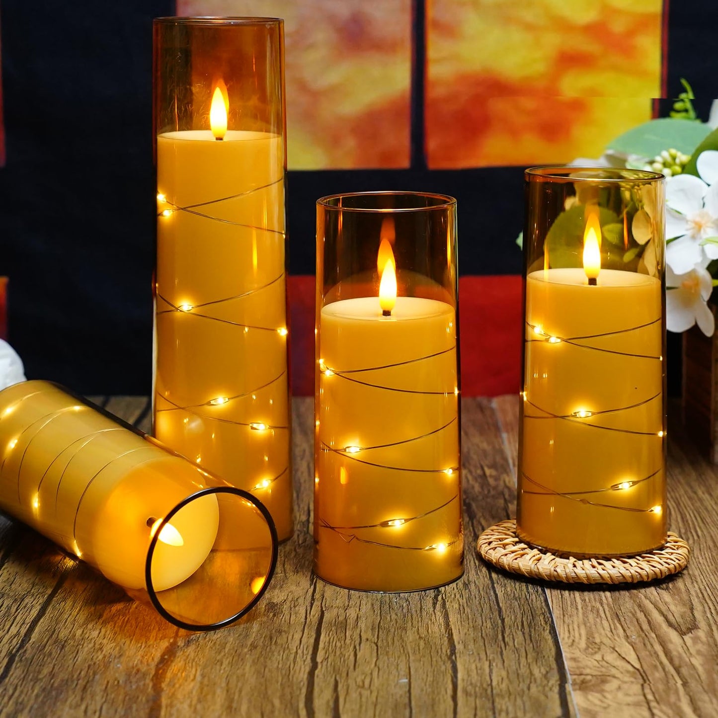 Flameless Mood Lighting Candle Set with Embedded String Lights