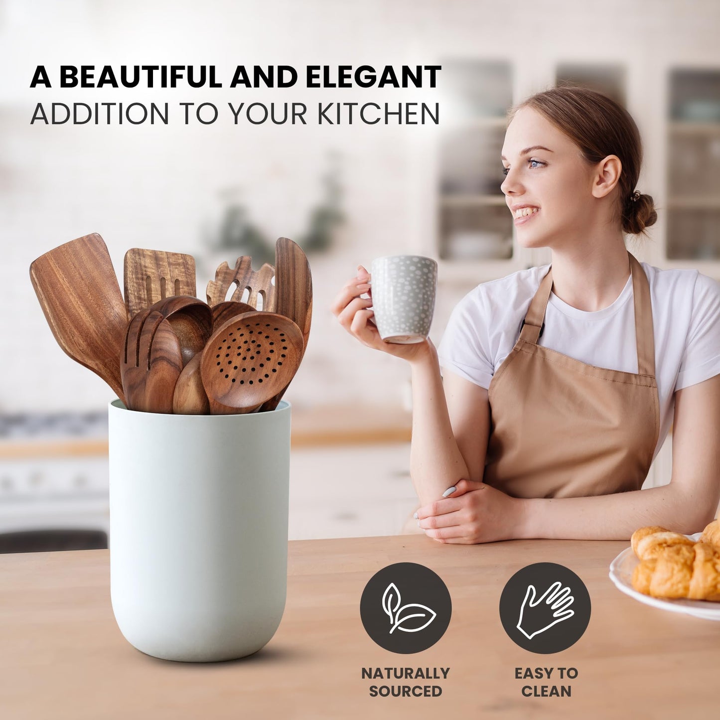 Teak Wood Cooking Utensil Set – 6-Piece Wooden Kitchen Tools | Non-Scratch, Heat-Resistant, Durable Cookware Set
